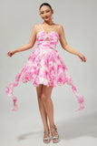 White and Blue Floral Ruched Ruffled Short Cocktail Dress with Pearls
