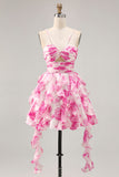 White and Blue Floral Ruched Ruffled Short Cocktail Dress with Pearls