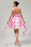 White and Blue Floral Ruched Ruffled Short Cocktail Dress with Pearls