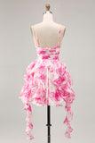 White and Blue Floral Ruched Ruffled Short Cocktail Dress with Pearls