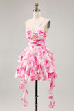 White and Blue Floral Ruched Ruffled Short Cocktail Dress with Pearls