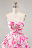 White and Blue Floral Ruched Ruffled Short Cocktail Dress with Pearls