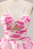 White and Blue Floral Ruched Ruffled Short Cocktail Dress with Pearls