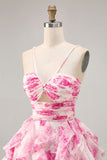 White and Blue Floral Ruched Ruffled Short Cocktail Dress with Pearls