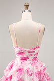 White and Blue Floral Ruched Ruffled Short Cocktail Dress with Pearls