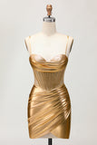 Sparkly Golden Corset Metallic Ruched Tight Short Cocktail Dress with Beading