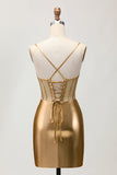 Sparkly Golden Corset Metallic Ruched Tight Short Cocktail Dress with Beading
