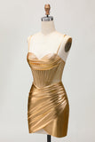 Sparkly Golden Corset Metallic Ruched Tight Short Cocktail Dress with Beading