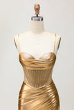 Sparkly Golden Corset Metallic Ruched Tight Short Cocktail Dress with Beading
