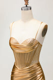 Sparkly Golden Corset Metallic Ruched Tight Short Cocktail Dress with Beading
