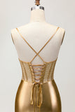 Sparkly Golden Corset Metallic Ruched Tight Short Cocktail Dress with Beading