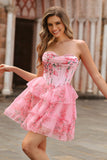 Pink Floral Corset Tiered Sweetheart Short Cocktail Dress with Ruffles