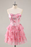 Pink Floral Sweetheart Corset A Line Tiered Short Prom Dress with Ruffles