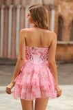 Pink Floral Corset Tiered Sweetheart Short Cocktail Dress with Ruffles