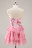 Pink Floral Sweetheart Corset A Line Tiered Short Prom Dress with Ruffles