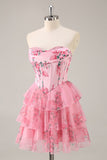 Pink Floral Sweetheart Corset A Line Tiered Short Prom Dress with Ruffles