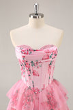 Pink Floral Sweetheart Corset A Line Tiered Short Prom Dress with Ruffles
