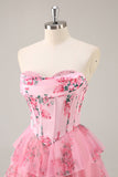 Pink Floral Sweetheart Corset A Line Tiered Short Prom Dress with Ruffles