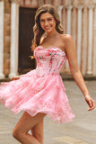 White Blue Tiered Corset A Line Short Floral Cocktail Dress with Ruffles