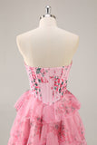 Pink Floral Sweetheart Corset A Line Tiered Short Prom Dress with Ruffles