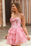 Pink Floral Corset Tiered Sweetheart Short Cocktail Dress with Ruffles