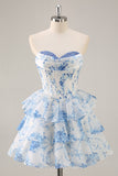 Pink Floral Sweetheart Corset A Line Tiered Short Prom Dress with Ruffles