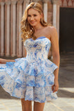 Pink Floral Corset Tiered Sweetheart Short Cocktail Dress with Ruffles