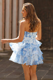 White Blue Tiered Corset A Line Short Floral Cocktail Dress with Ruffles