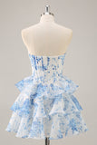 Pink Floral Sweetheart Corset A Line Tiered Short Prom Dress with Ruffles