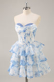 Pink Floral Sweetheart Corset A Line Tiered Short Prom Dress with Ruffles