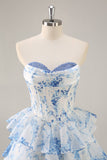 Pink Floral Sweetheart Corset A Line Tiered Short Prom Dress with Ruffles
