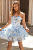 Pink Floral Corset Tiered Sweetheart Short Cocktail Dress with Ruffles