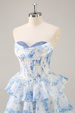 Pink Floral Sweetheart Corset A Line Tiered Short Prom Dress with Ruffles