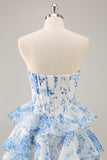 Pink Floral Sweetheart Corset A Line Tiered Short Prom Dress with Ruffles