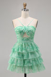 White Blue Flower A Line Short Tiered Floral Prom Dress with Ruffles