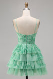 White Blue Flower A Line Short Tiered Floral Prom Dress with Ruffles