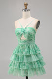 White Blue Flower A Line Short Tiered Floral Prom Dress with Ruffles