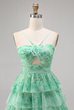 Green Floral A Line Spaghetti Straps Short Tiered Prom Dress with Ruffles