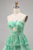 White Blue Flower A Line Short Tiered Floral Prom Dress with Ruffles