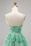 White Blue Flower A Line Short Tiered Floral Prom Dress with Ruffles