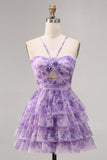 Purple A Line Keyhole Tiered Floral Short Prom Dress with Ruffles