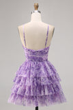 Purple A Line Keyhole Tiered Floral Short Prom Dress with Ruffles