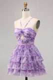 Purple A Line Keyhole Tiered Floral Short Prom Dress with Ruffles