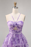 Purple A Line Keyhole Tiered Floral Short Prom Dress with Ruffles