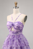 Purple A Line Keyhole Tiered Floral Short Prom Dress with Ruffles