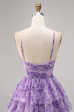 Green Floral A Line Spaghetti Straps Short Tiered Prom Dress with Ruffles