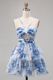 Green Floral A Line Spaghetti Straps Short Tiered Prom Dress with Ruffles