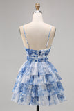 Purple A Line Keyhole Tiered Floral Short Prom Dress with Ruffles