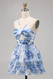 Green Floral A Line Spaghetti Straps Short Tiered Prom Dress with Ruffles