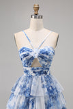Green Floral A Line Spaghetti Straps Short Tiered Prom Dress with Ruffles